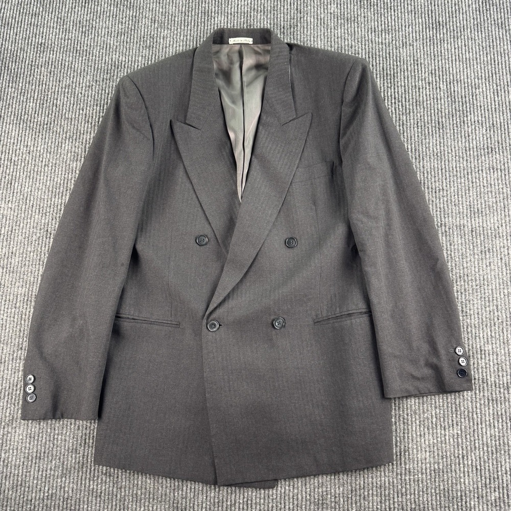 Vintage Mino Lombardi Jacket 42R Gray Lambswool Herringbone Peak Double Breasted